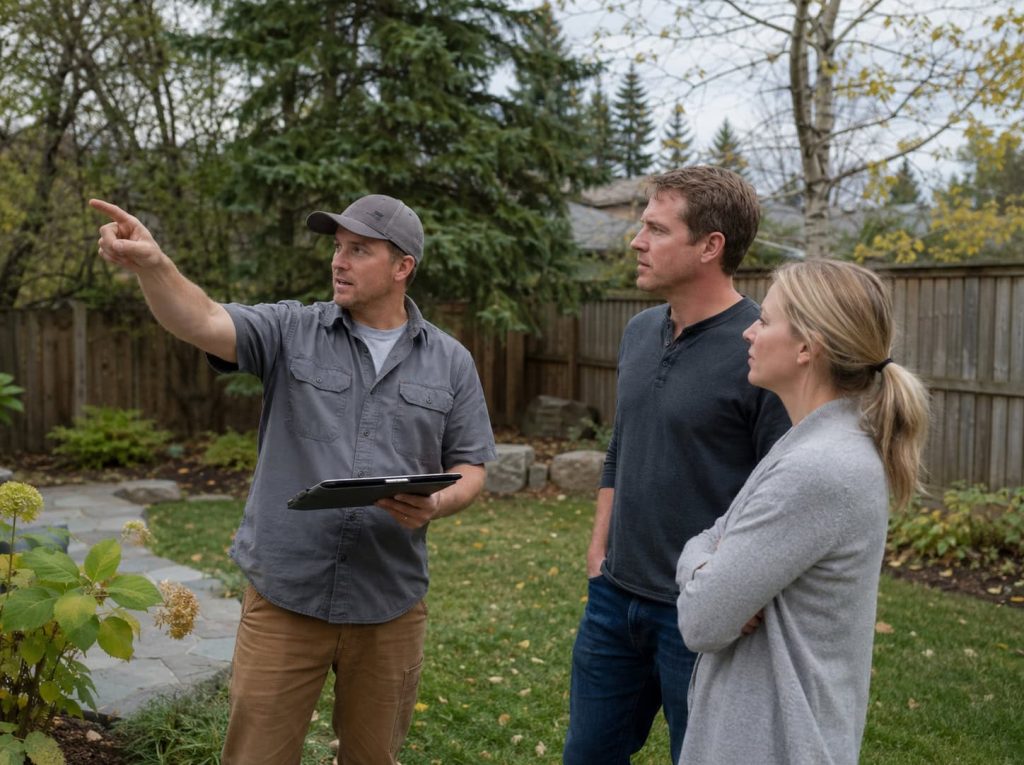 Stoneville Landscaping team meeting with homeowners at their property to plan an interlocking project