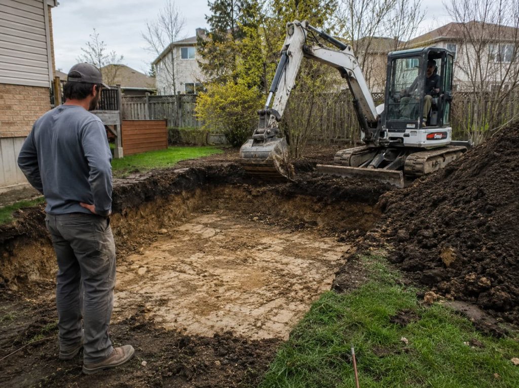 Stoneville crew excavating a driveway down to undisturbed subsoil before base installation