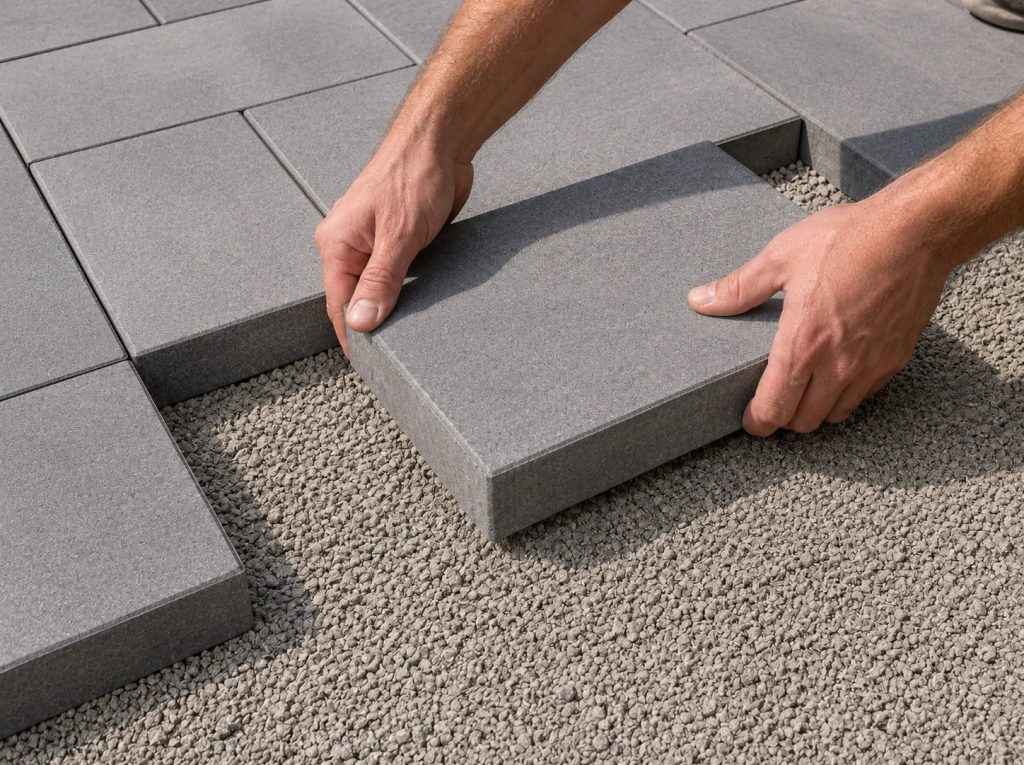 Installer laying interlocking pavers to the approved design on a prepared base