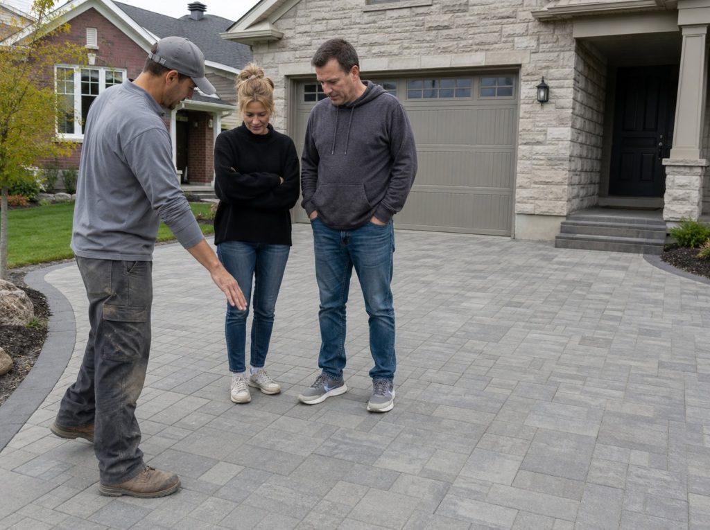Stoneville team walking through the finished interlocking project with the homeowners