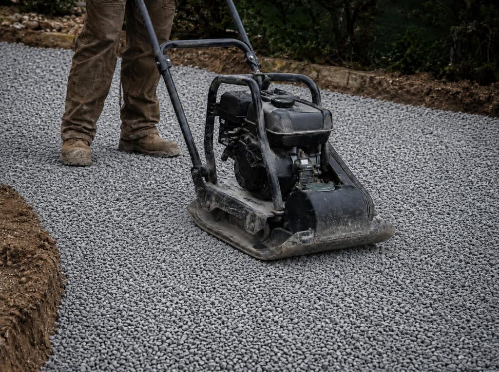 Worker compacting the open-graded clear stone base in lifts with a plate compactor